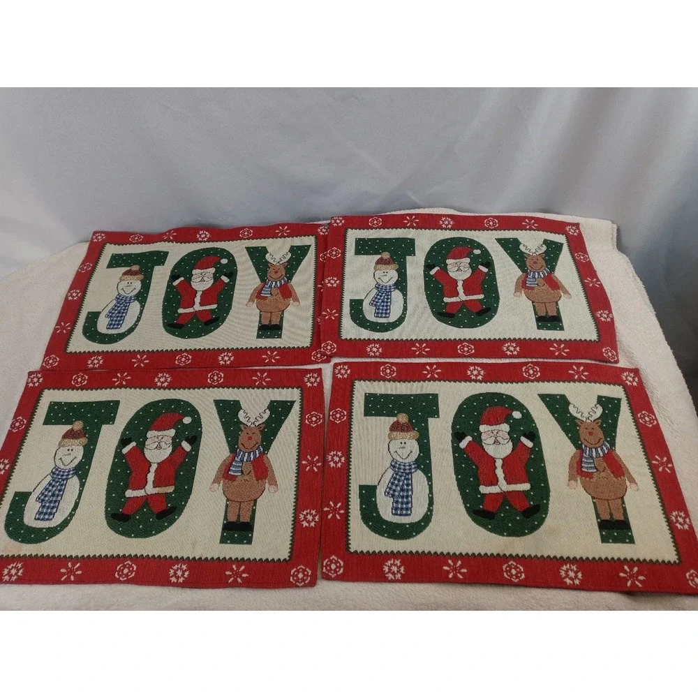 Holiday JOY Placemats Set of 4 Snowman‎ Santa Reindeer Christmas Decor